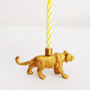 Gold Blue Pink Tiger Candle Holder Cake Topper / Tiger Animal Birthday Party Decorations / Tiger Party Decor Candles / Cupcake Cake Toppers Gold