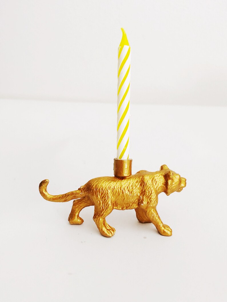 Gold Blue Pink Tiger Candle Holder Cake Topper / Tiger Animal Birthday Party Decorations / Tiger Party Decor Candles / Cupcake Cake Toppers Gold