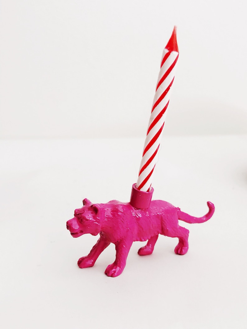 Gold Blue Pink Tiger Candle Holder Cake Topper / Tiger Animal Birthday Party Decorations / Tiger Party Decor Candles / Cupcake Cake Toppers Pink
