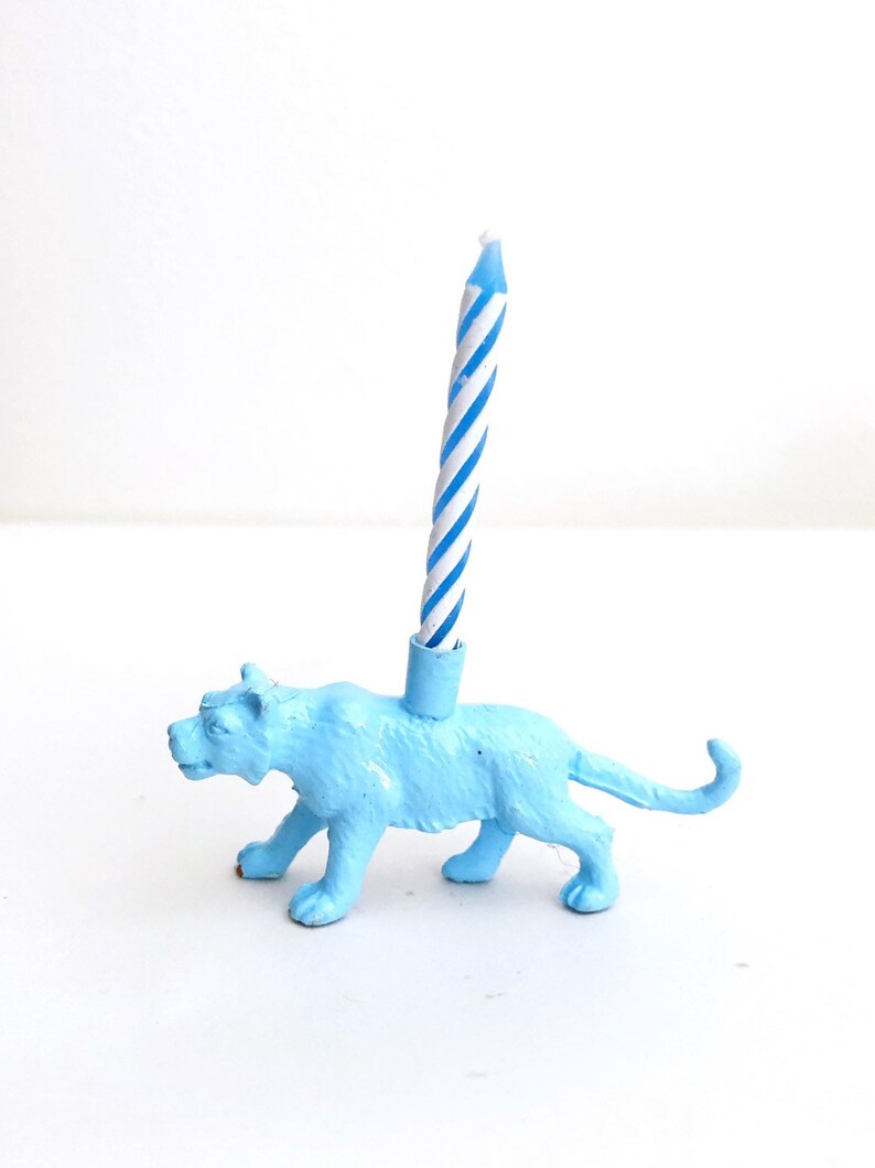 Gold Blue Pink Tiger Candle Holder Cake Topper / Tiger Animal Birthday Party Decorations / Tiger Party Decor Candles / Cupcake Cake Toppers Blue