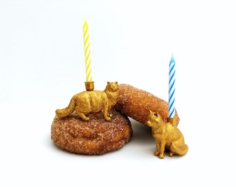 Gold Cat Candle Holder Cake Topper / Animal Birthday Party Decor / Cat Party Supplies Decor / Cat Cupcake Decoration / Cat Birthday Party