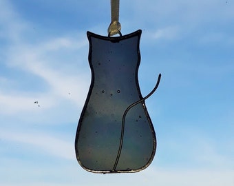 Small stained glass black cat suncatcher, cat lover gift, glass black cat, black kitten, cat ornament, lucky black cat