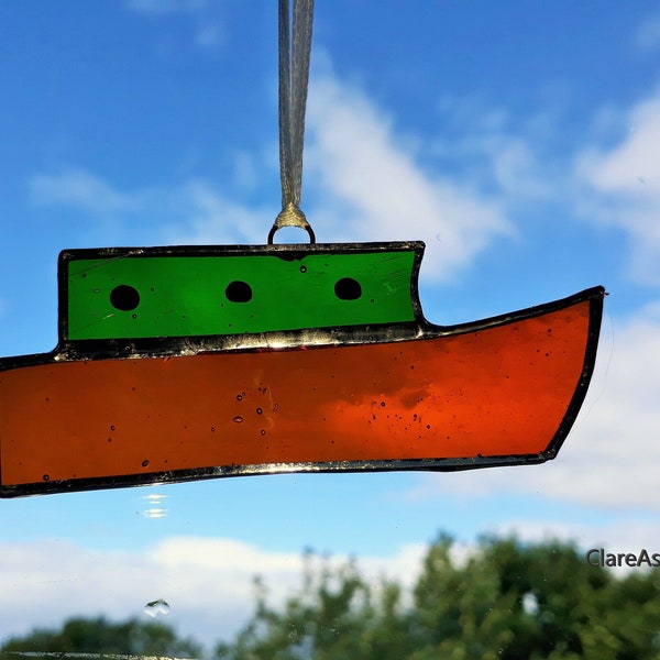 Stained glass small green canal boat suncatcher, glass boat, stained glass barge, boat lover gift. boating gift, green canal barge,