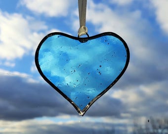 Mini Stained Glass Pale Blue Heart Suncatcher, tree decoration, Wedding Favour, small glass heart ornament, anniversary gift