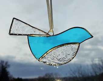 Stained Glass Bird Suncatcher, Turquoise glass, hanging glass bird ornament, Bird lover gift, bird decor, bird window decoration