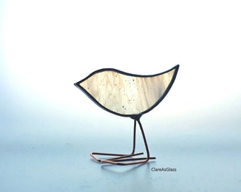Wispy White Stained Glass Bird Ornament, free standing baby bird, white bird, bird lover gift, stained glass bird, white glass bird