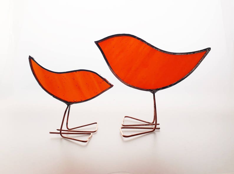 Orange Stained Glass Birds Set Mother and Baby Glass Etsy