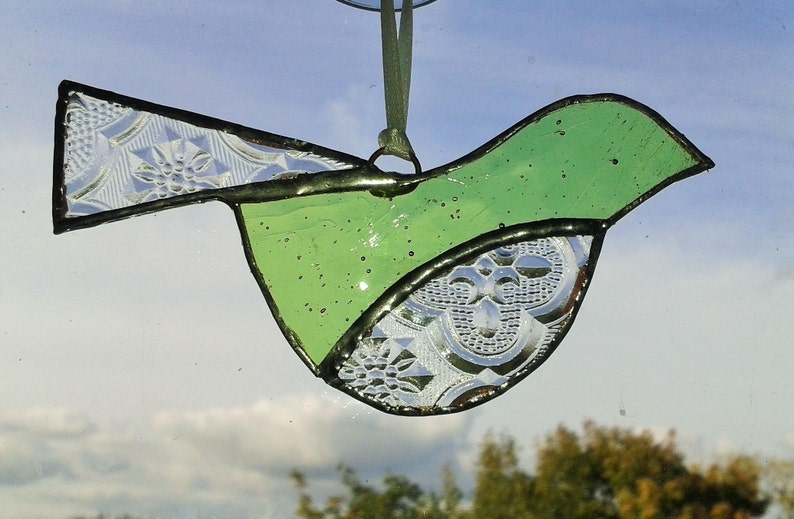 Stained Glass Bird Suncatcher Pale Green and Clear Embossed Etsy