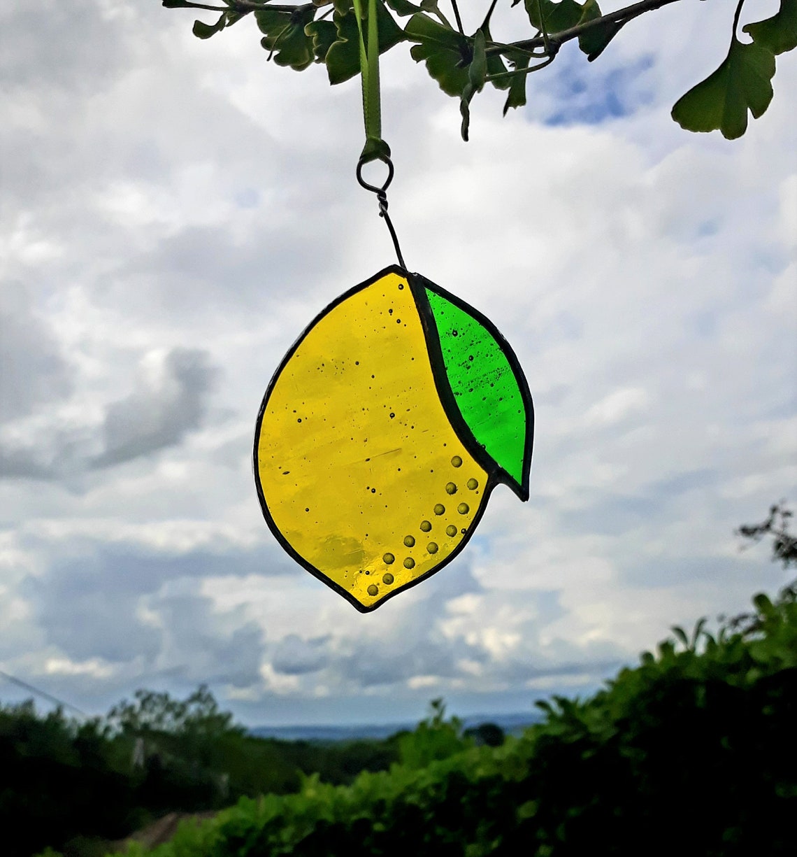Stained glass lemon suncatcher bright yellow glass with Etsy