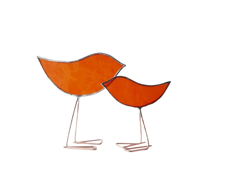 Orange Stained Glass Birds Set Mother and Baby Glass Etsy