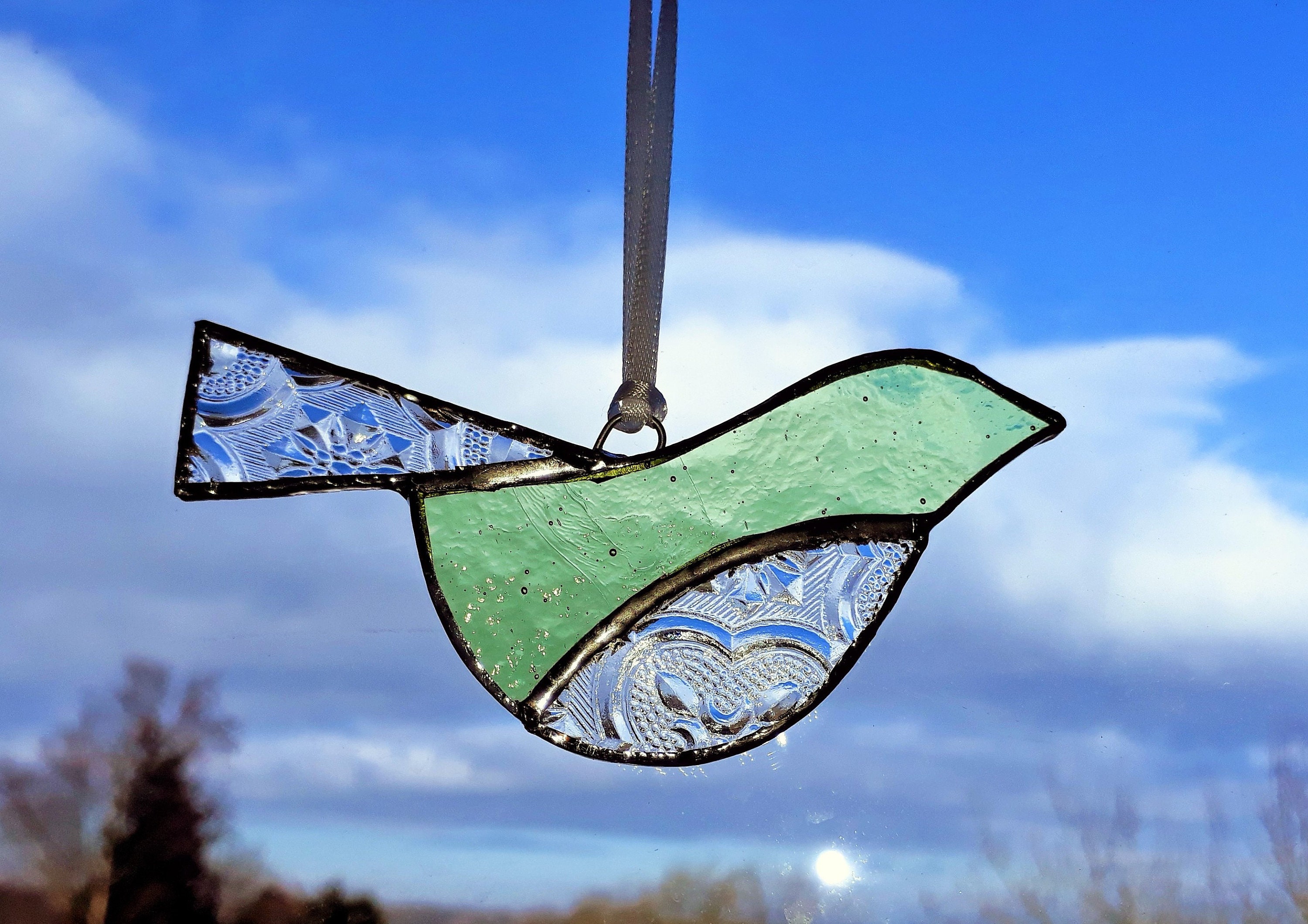 Stained Glass Bird Suncatcher Pale Green and Clear Embossed Etsy