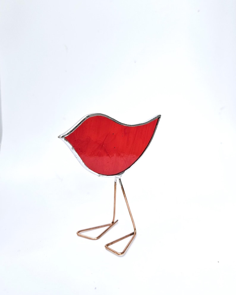 Red Stained Glass Bird Ornament, Copper Wire Legs, Free Standing bird home decor