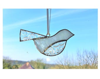Stained Glass White Bird Suncatcher: Bird Home Decor, Bird Lover Gift,