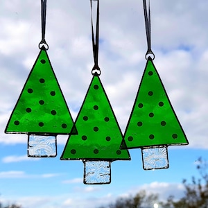 Handmade Stained Glass Christmas Tree Suncatcher, Green with White Spots, Plastic Free Decoration