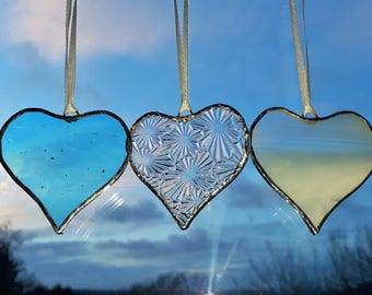 3 Stained Glass Mini Heart Suncatchers, Pale blue, wispy white and pretty clear glass, Anniversary gift, glass hearts, heart gift