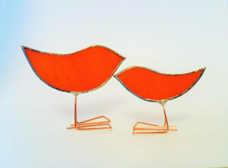 Orange Stained Glass Birds Set Mother and Baby Glass Etsy