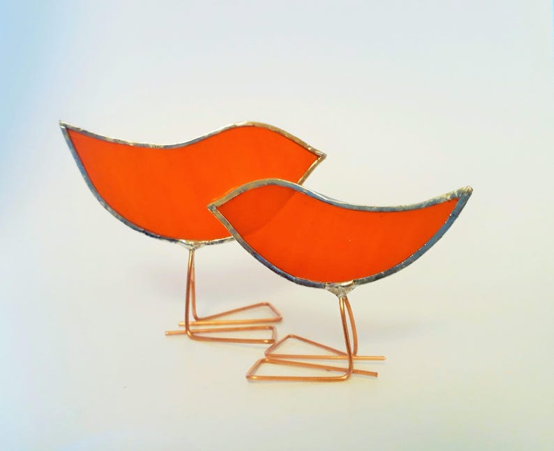 Orange Stained Glass Birds Set Mother and Baby Glass Etsy