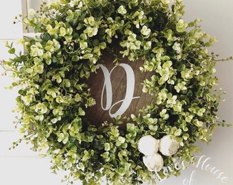 Boxwood wreath , Farmhouse wreath, Peony wreath, Monogram wreath, Front door decor, Farmhouse decor, Rustic wreath, Wedding decor,