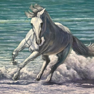 Pferd am Strand laufend, Weißes Pferd, Strand, Pferd, Strandkunst, Strand dekor, Meereslandschaft, Wandkunst Wanddekoration, Digitaler Download
