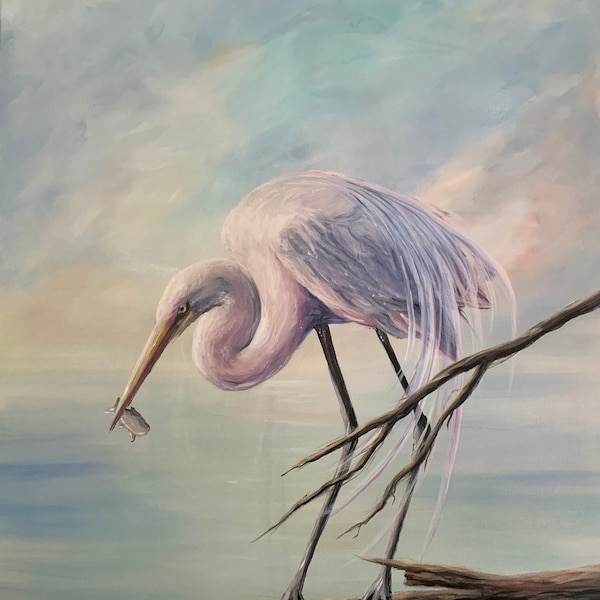 Egret, Egret Art, Egret Painting, Bird, Bird Art, Bird Painting, Wildlife, Acrylic Painting, Wall Decor, Wall Art, Green, Téléchargement numérique