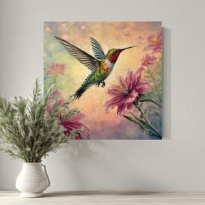 Vibrant Hummingbird Painting, 20x20 Acrylic Art, Whirring Wings of Wonder