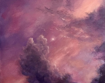 Heaven's Gates: 18x24" Acrylic Painting of Sunset Sky, Clouds, and Moon