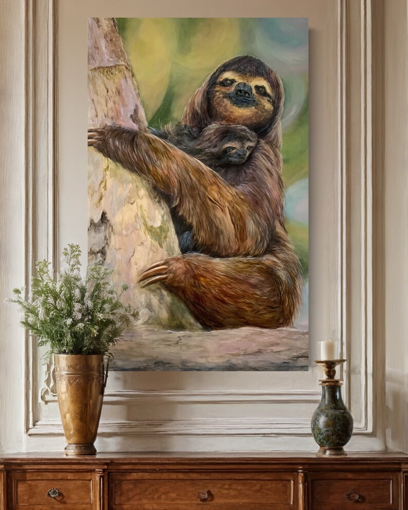 Mama Sloth and Baby: Acrylic Painting on 30x48 Canvas, Wildlife Art