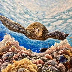 Sea Turtle, Sea Turtle Art, Sea Turtle Painting, Coral Reef, Coral Reef Art, Beach, Beach Art, Beach Decor, Wall Decor, Digital Download
