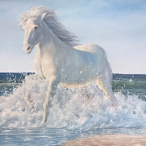 Pferd am Strand laufend, Weißes Pferd, Strand, Pferd, Strandkunst, Strand dekor, Meereslandschaft, Wandkunst Wanddekoration, Digitaler Download
