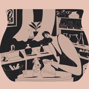 A4 Pottery Studio Art Print – Woman and Dog Illustration, Clare Stanley Wall Art image 2
