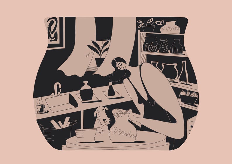 A4 Pottery Studio Art Print – Woman and Dog Illustration, Clare Stanley Wall Art image 2