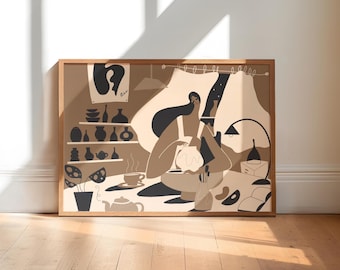 May include: A framed horizontal art print featuring a stylized illustration of a person working with clay at a pottery wheel. The scene includes shelves filled with various ceramic vessels, a potted plant, a teapot, a cup, and a desk lamp in shades of brown, beige, and black.