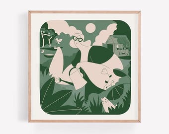 May include: A framed art print featuring a whimsical illustration of a person gardening. The artwork uses a palette of green, beige, and white, depicting a greenhouse, a cat, and a bird. The print is set in a light wood frame.