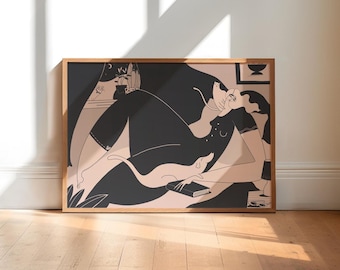 May include: A framed horizontal art print featuring a stylized illustration of a person reclining with a cat. The artwork uses a palette of black and soft beige, depicting a cozy indoor scene with a book, a small plant, and a lamp in the background.