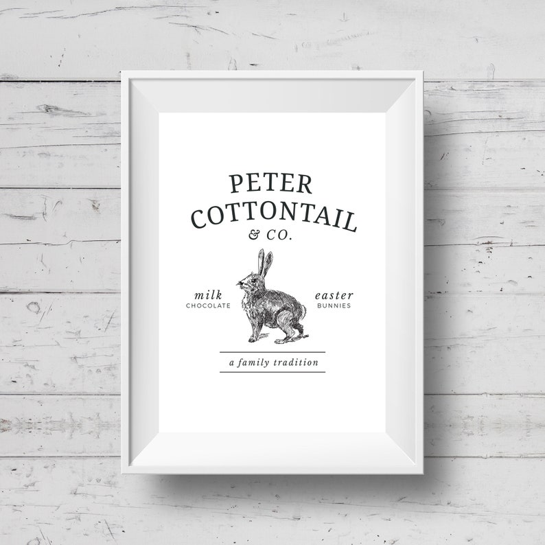 May include: Black and white illustration of a rabbit with the text "Peter Cottontail & Co." above it. The text "milk chocolate" and "easter bunnies" are below the rabbit. The text "a family tradition" is below the rabbit and text.