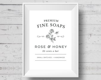 Fine Soaps Bathroom Print: Rose & Honey Farmhouse Sign (Digital Download)