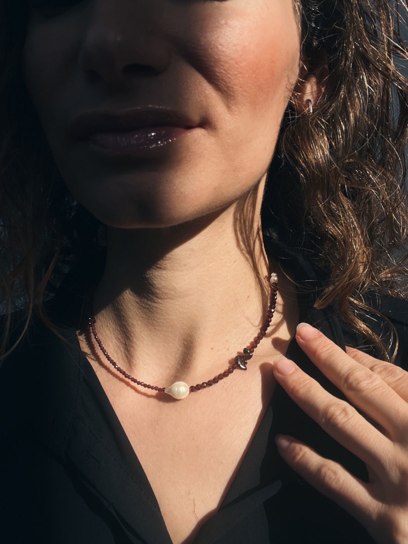 Minimalist Gemstone Necklace and Bracelet Red Garnet Birthstone Set in Silver Dainty Necklace Wedding Jewelry Gift for Her image 3