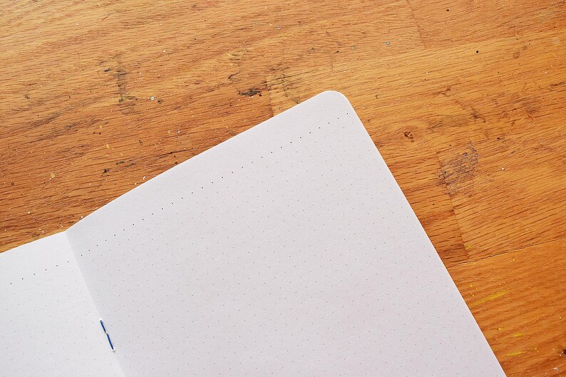 May include: A white notebook with a dotted grid pattern and a blue binding. The notebook is open and lying on a wooden surface.
