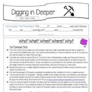 Op de afbeelding: Educatief werkblad getiteld "Digging in Deeper" over de Feniciërs, inclusief feiten, vragen en een vergelijking van alfabetten. Bevat een scheepsillustratie en de tekst: "Phoenician book for kids: https://amzn.to/30AuJjt".