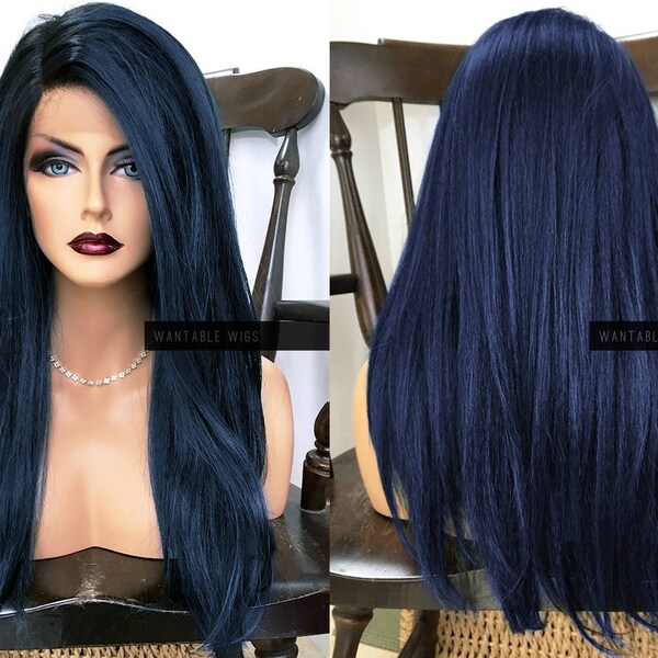 Blue Wig Human Hair BLEND w/ Lace Front // Long Ombre Straight Mermaid Wig // Heat SAFE Black Dark Roots Wig for Chemo, Cosplay // #AV43