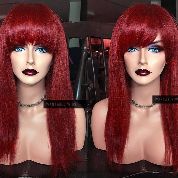 Wine Red Wig // Heat SAFE Straight Bang FULL WIG // Burgundy Cosplay Long Wig // Chemo Thick Yaki Texture Wig // #BC37
