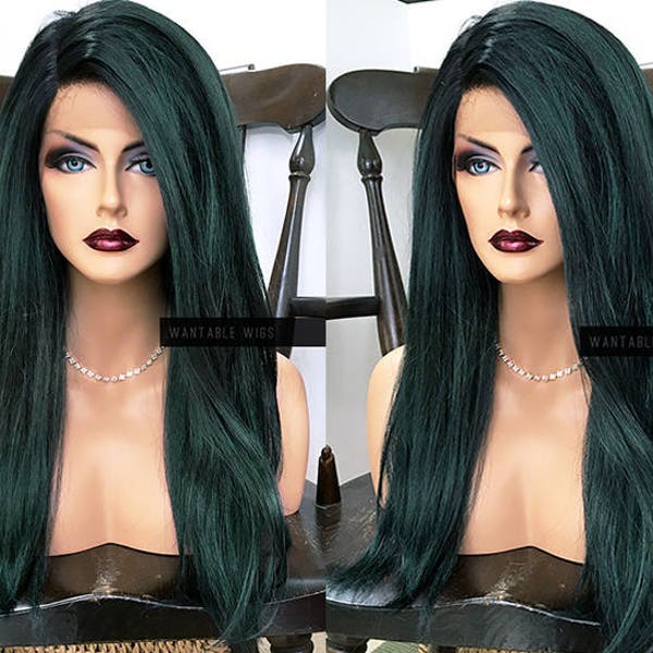 Green Wig Human Hair BLEND w/ Lace Front // Long Ombre Straight Turquoise Wig // Heat SAFE Dark Roots Teal Wig for Chemo, Cosplay // #AV45