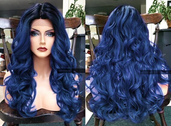 Blue Lace Front Wig Heat Ok Ombre Dark Skin Part Curly Wig Pastel Navy Black Dark Roots