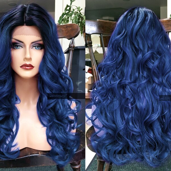 Blue Lace Front Wig // HEAT Ok Ombre Dark + Skin Part Curly Wig // Pastel Navy Black Dark Roots