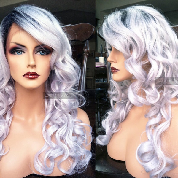Human Hair BLEND Ombre Silver White Gray Swiss LACE Front & Part Long Curly Grey Wig w/ Dark Root // #AG44