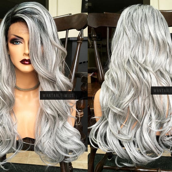 LAST LEFT: Gray Lace Front Wig // Human Hair Blend// Ombre Silver Grey w/ Baby Hair Wavy Long & Curly Dark Root Wig by Wantable Wigs