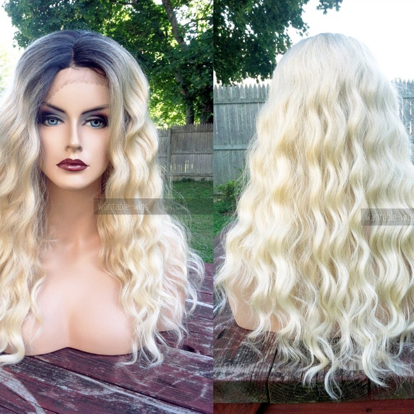 Blonde Lace Wig // Lace Front Kinky Heat OK Wavy Ombre Blonde BABY Hair // Fake Part Long Wig w/ Dark Roots // #AW26