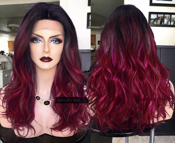 Red Lace Front Wig Long Ombre Black Burgundy Dark Roots Wavy Curly Cosplay Goth Witch Wigs Front Lace Wigs For Women Wantable Wigs