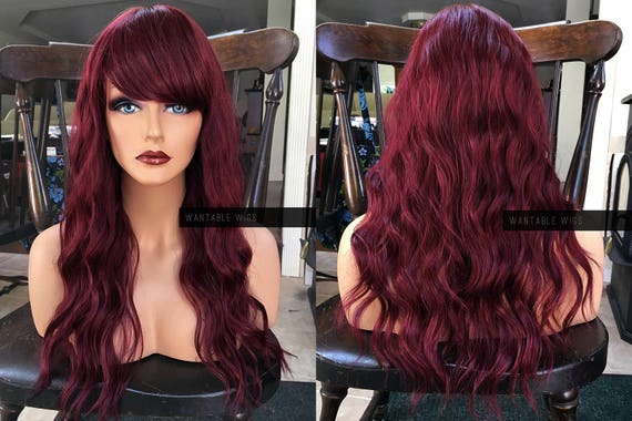 Red Wig With Bangs Synthetic Wine Red Skin Top Part Full Wigs For Women Dark Burgundy Wavy Curly Arial Cosplay Wigs Wantable Wigs