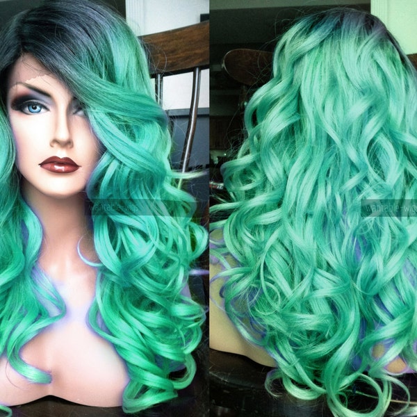 Pastel Lace Front Wig // Teal Blue Green Curly LACE Front & Skin Part Pastel Mermaid Wig w/ Wavy Ombre Turquoise Dark Roots Cosplay